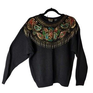 Vtg‎ 80s Trimmings Black Ramie Sweater with Gold Sequin Embellished Glam Medium